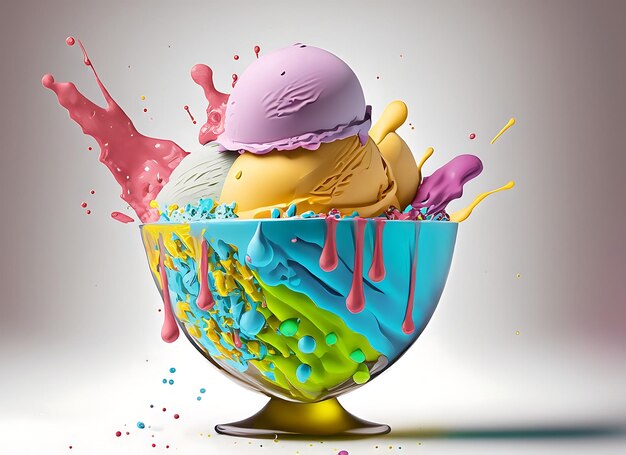 Splash multicolored ice cream in a glass bowl Splash and drops of cream milkshake