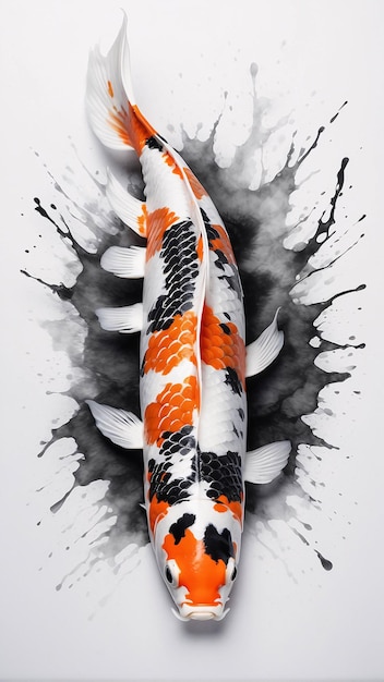 Foto splash of black ink illustratie van koi-vis traditionele chinese kunst schilderkunst op witte achtergrond