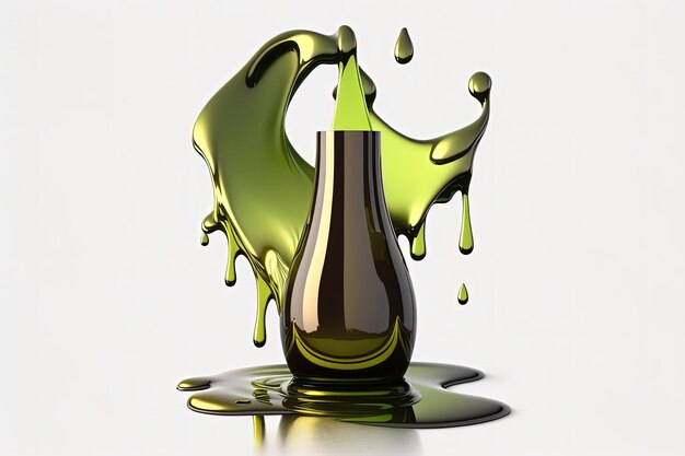 Splash of olive or motor oil dripping bottle of cosmetic serum all against a white background