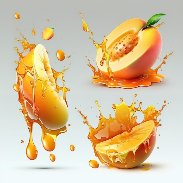 A splash of orange juice with the word mango on it