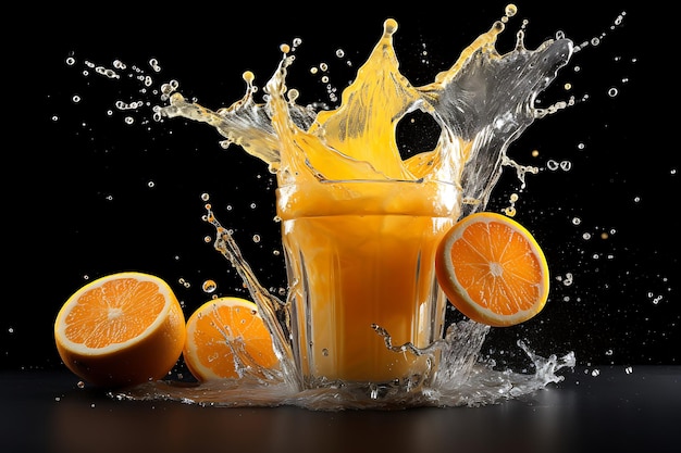 노란색 배경과 오렌지 액체의 스프레이의 그림으로 오렌지 주스 스프레이