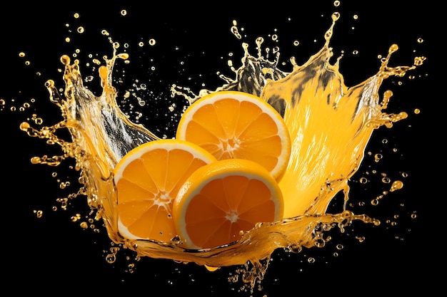 A splash of orange juice with a yellow background and a picture of a splash of orange liquid