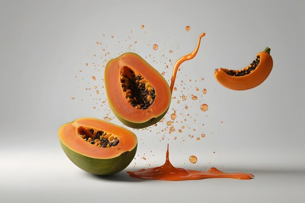 Колпачка апельсинового сока папайи с падающей папайей на белом фоне