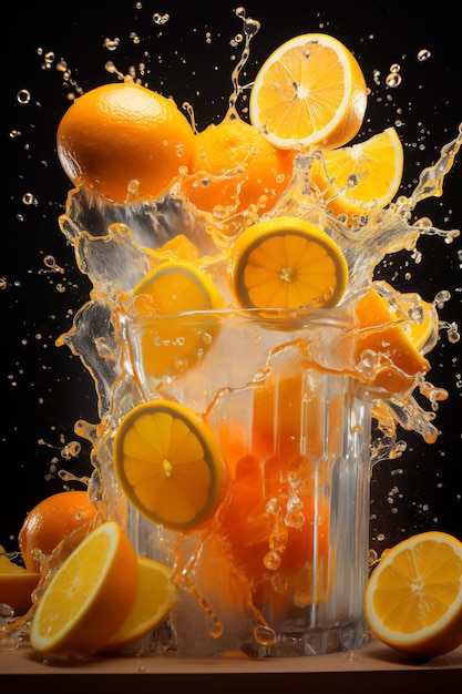 a splash of oranges and oranges is being splashed with water