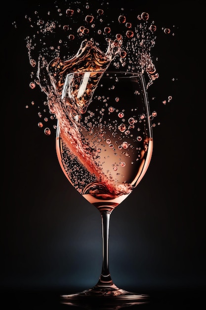 Splash of pink champagne in a glass on a dark background