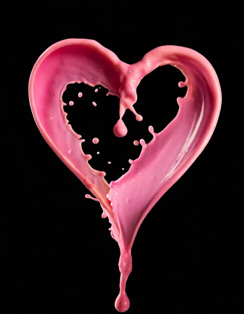 Photo splash pink juice cream in form of heart shape isolated on black background valentine's day