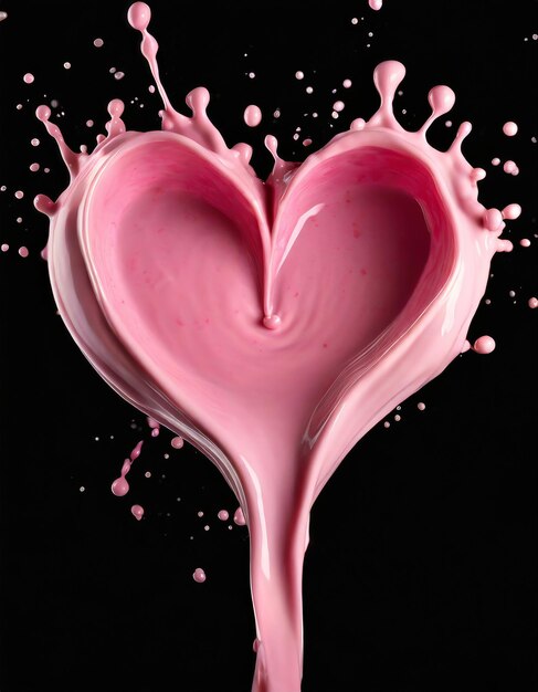 Photo splash pink juice cream in form of heart shape isolated on black background valentine's day