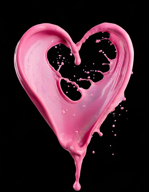 Foto spruzzo di crema di succo rosa a forma di cuore isolato su sfondo nero il giorno di san valentino