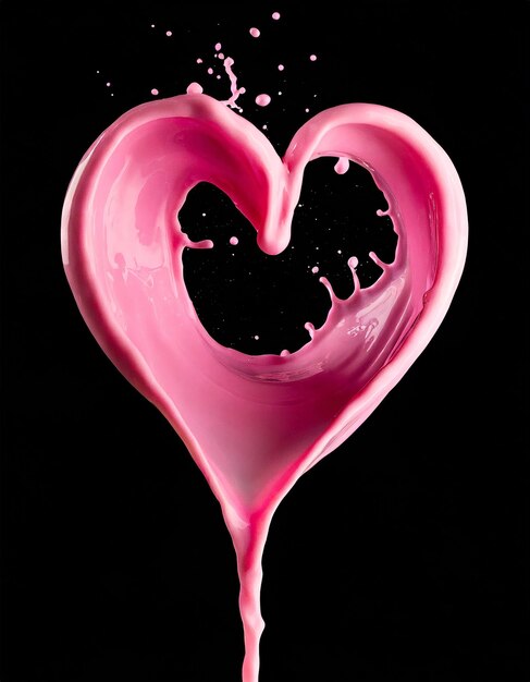 Photo splash pink juice cream in form of heart shape isolated on black background