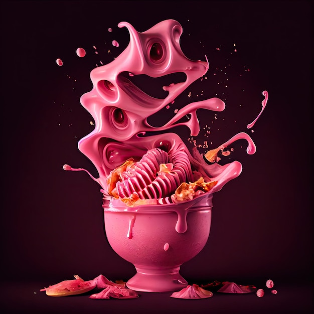 A splash of pink liquid in a bowl with food