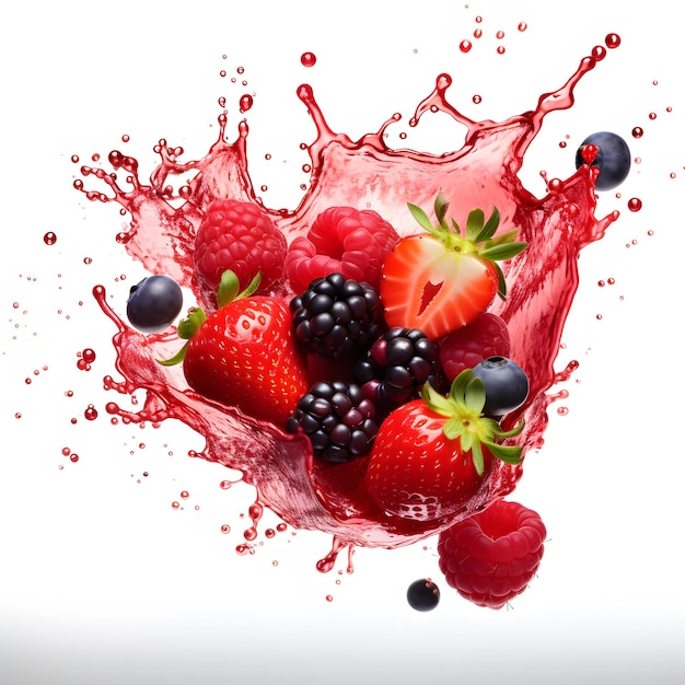 Photo a splash of red and black berries and bananas with a splash of water splashing