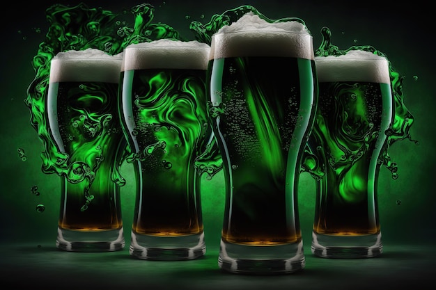 Splash of Refreshing glasses of green beer with foam and bubbles