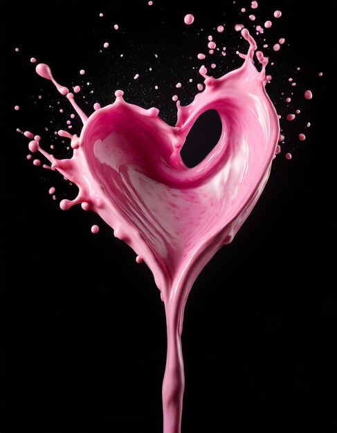 Foto splash roze sap crème in de vorm van een hart vorm geïsoleerd op zwarte achtergrond valentijnsdag