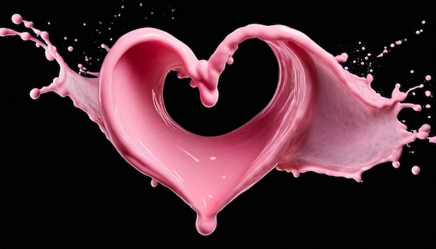 splash roze sapcrème in de vorm van een hartvorm geïsoleerd op zwarte achtergrond