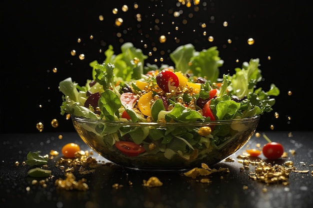 splash of salad isolated on black background ai generative