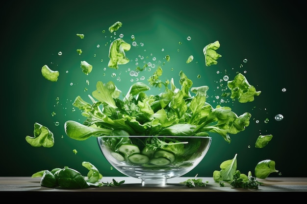 Splash split green vegetables floating in the air