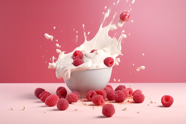Splash of tasty yogurt and fresh raspberries on pink background Generative AI illustration