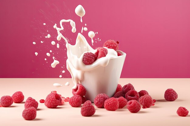 Splash of tasty yogurt and fresh raspberries on pink background Generative AI illustration