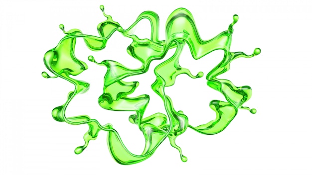 Всплеск прозрачной жидкости зеленого цвета на белом. 3D-рендеринг.