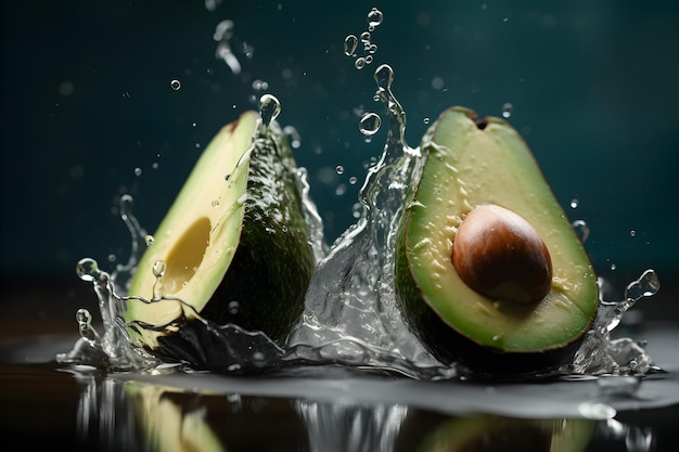 Splash van avocado gesneden generatieve ai