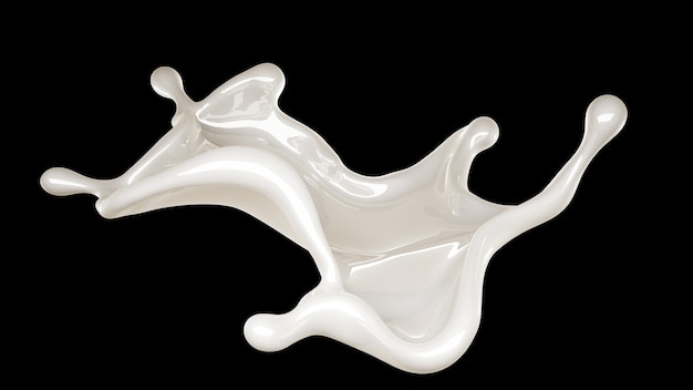 Splash van dikke witte vloeistof op zwart. 3D-afbeelding, 3D-rendering.