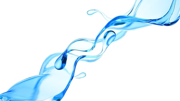 Splash van heldere blauwe vloeistof, water. 3D illustratie, 3D-rendering.