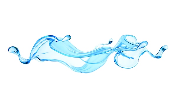 Splash van heldere blauwe vloeistof, water. 3D illustratie, 3D-rendering.