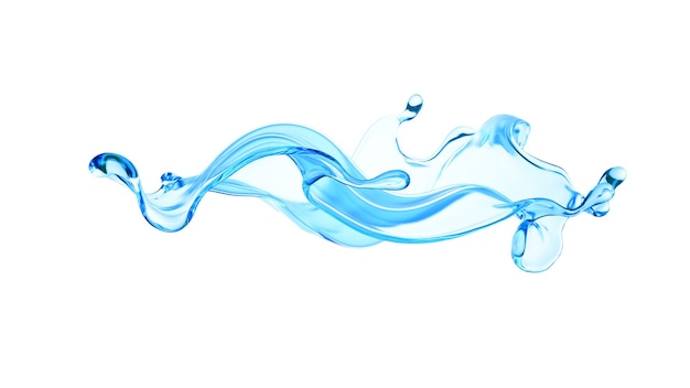 Splash van heldere blauwe vloeistof, water. 3D illustratie, 3D-rendering.