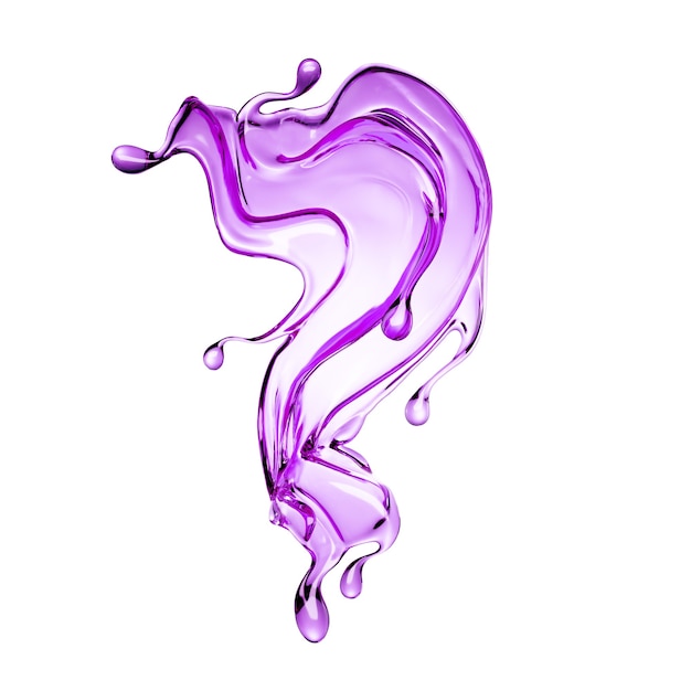 Splash van heldere violette vloeistof. 3D illustratie, 3D-rendering.