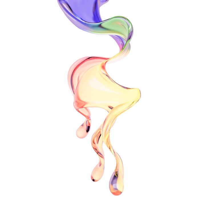 Foto splash van kleur regenboog transparante vloeistof op een witte achtergrond. 3d illustratie, 3d-rendering.