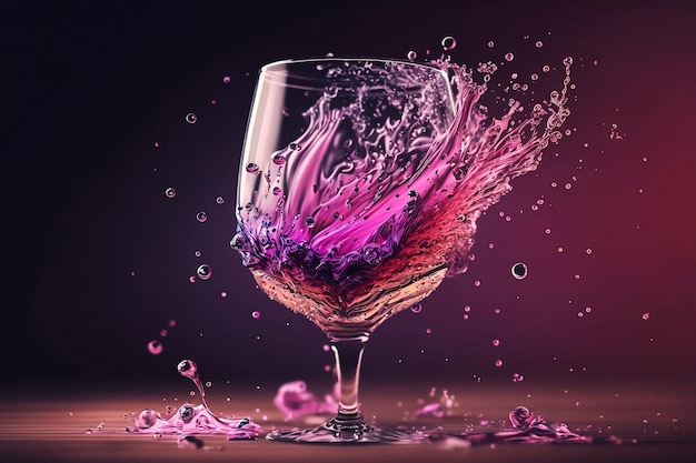 Splash van roze champagne in een glas op een donkere achtergrond
