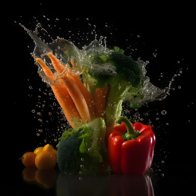 Splash van water en groenten op een zwarte achtergrond Studio opname