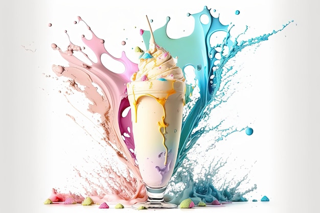 Splash veelkleurig ijs in een glazen kom Splash en druppels cream milkshake Abstracte illustratie van pastelkleuren op een witte achtergrond AI gegenereerd