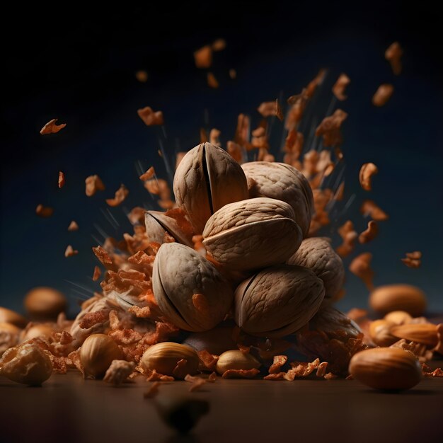 Splash of walnuts in a wooden bowl on a black background