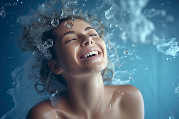 Foto spruzzo d'acqua per la cura della pelle e del viso di una donna