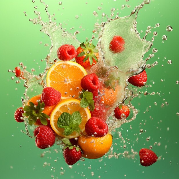 a splash of water and fruit in a glass of water.