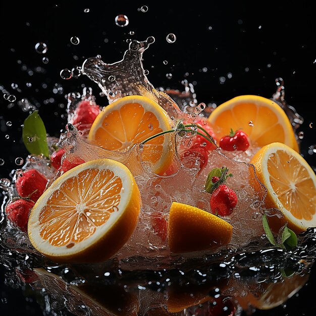 a splash of water and fruit with the words fruit and berries on it