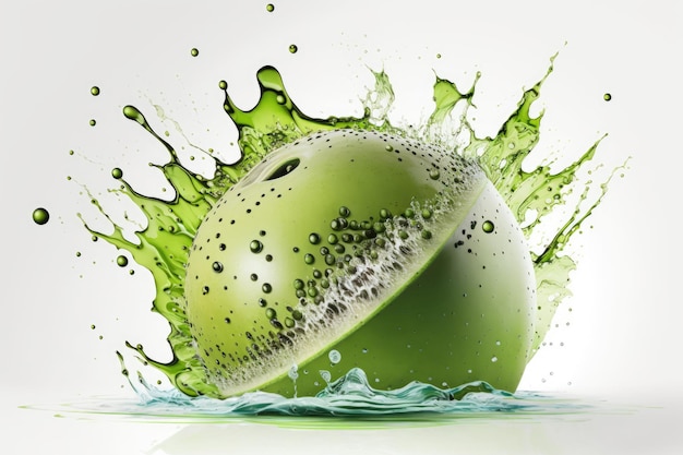 Splash of water on green fruit on a white background