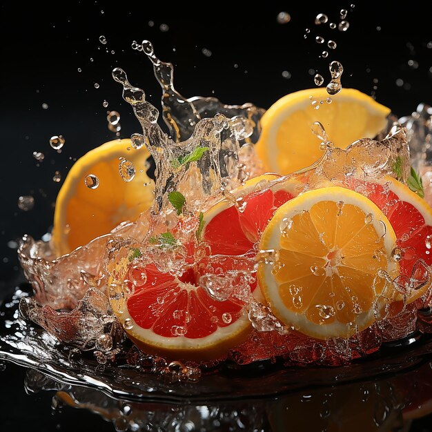 a splash of water with lemons and oranges in the water.