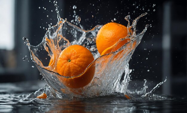 a splash of water with oranges in it and one of them has water splashing around it