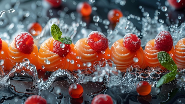 a splash of water with raspberries and raspberries on it