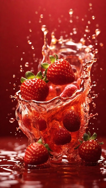 A splash of water with strawberries advertisement photo realistic