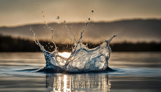 Foto uno spruzzo d'acqua con il sole che tramonta dietro di lui