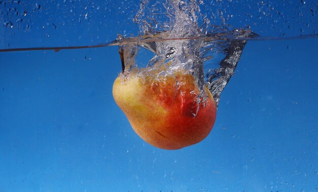 Splash with pear on a blue background