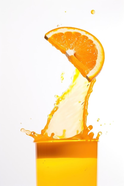 Splash with splashes in a glass with juice from a piece of orange Vitamins healthy food AI generated