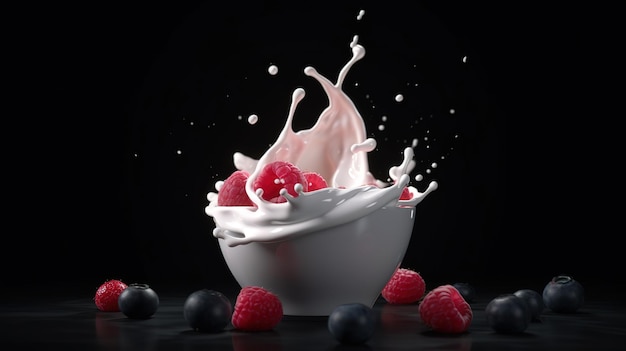 Splash of yogurt with berries on black background