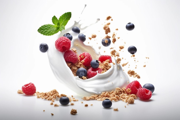 Splash of yogurt with fresh berries and crunchy granola and mint on white background