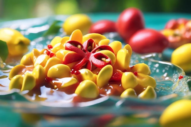 Foto piatto d'acqua ackee spruzzato sfondo naturale colorato