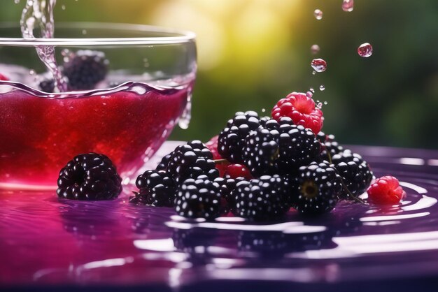 Splashed blackberry in water colored natural background close up