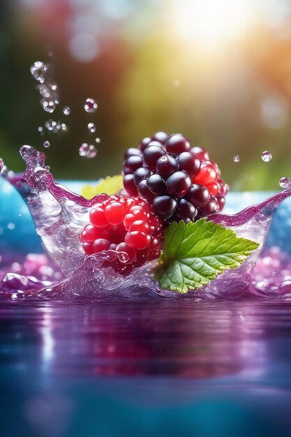 Photo splashed blackberry in water colored natural background close up